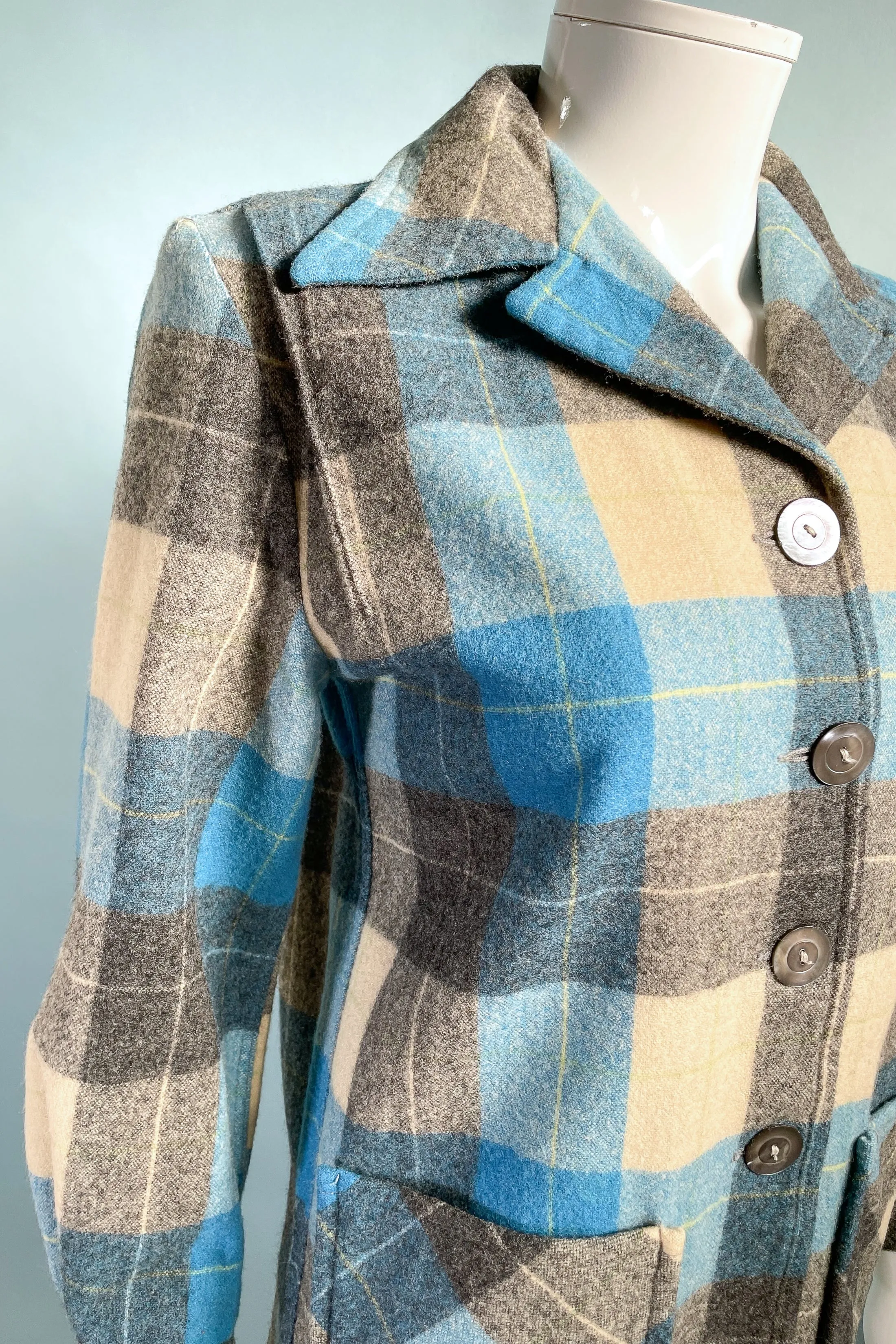 Vintage 40s/50s Wool 49er Jacket, Blue/Cream Grey Plaid XS/P