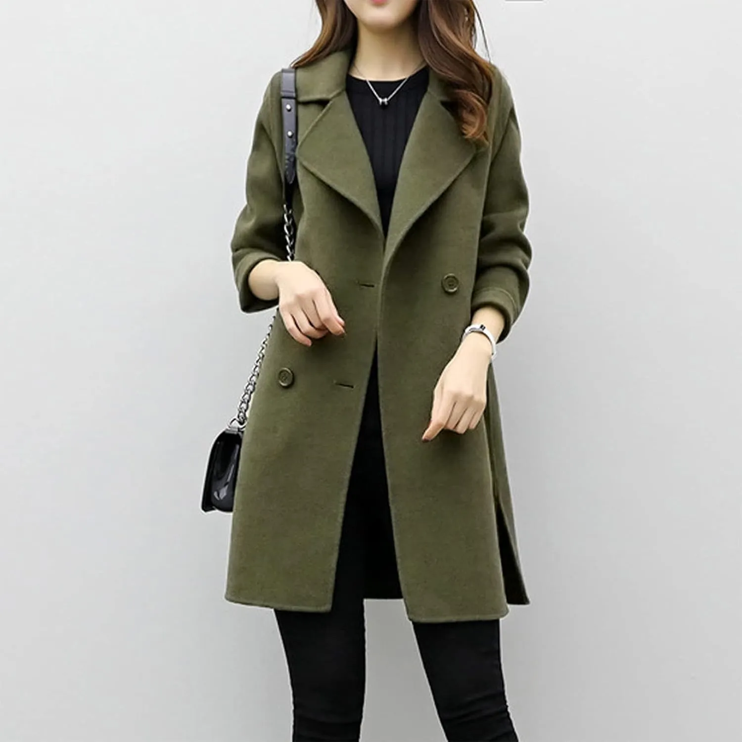 Women Elegant Notched Collar Double Breasted Wool Blend Over Coat Long Sleeve Warm Winter Mid Long Jacket 2024
