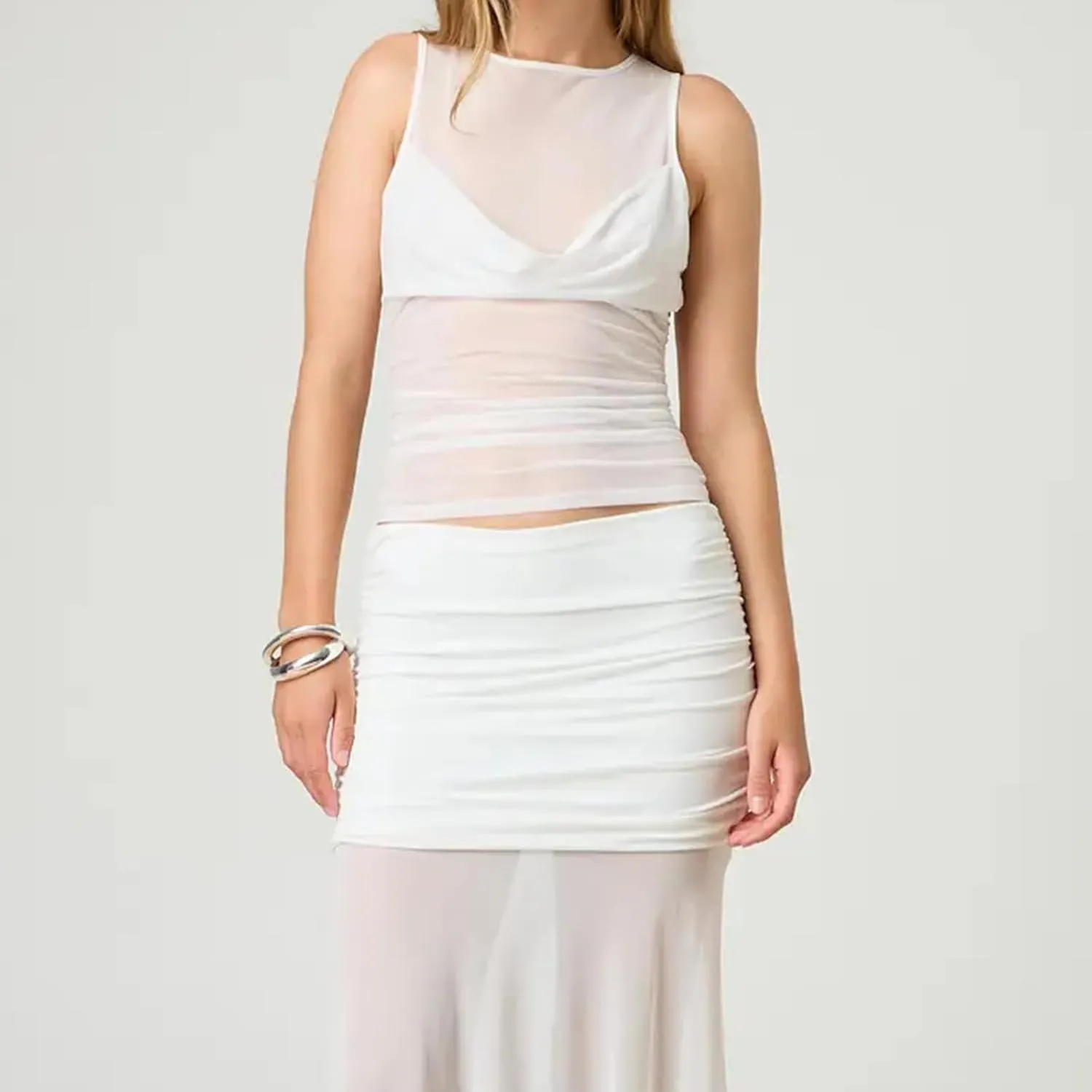 Women Sheer Mesh Tank Top Y2k Sleeveless See Through Ruched Tops