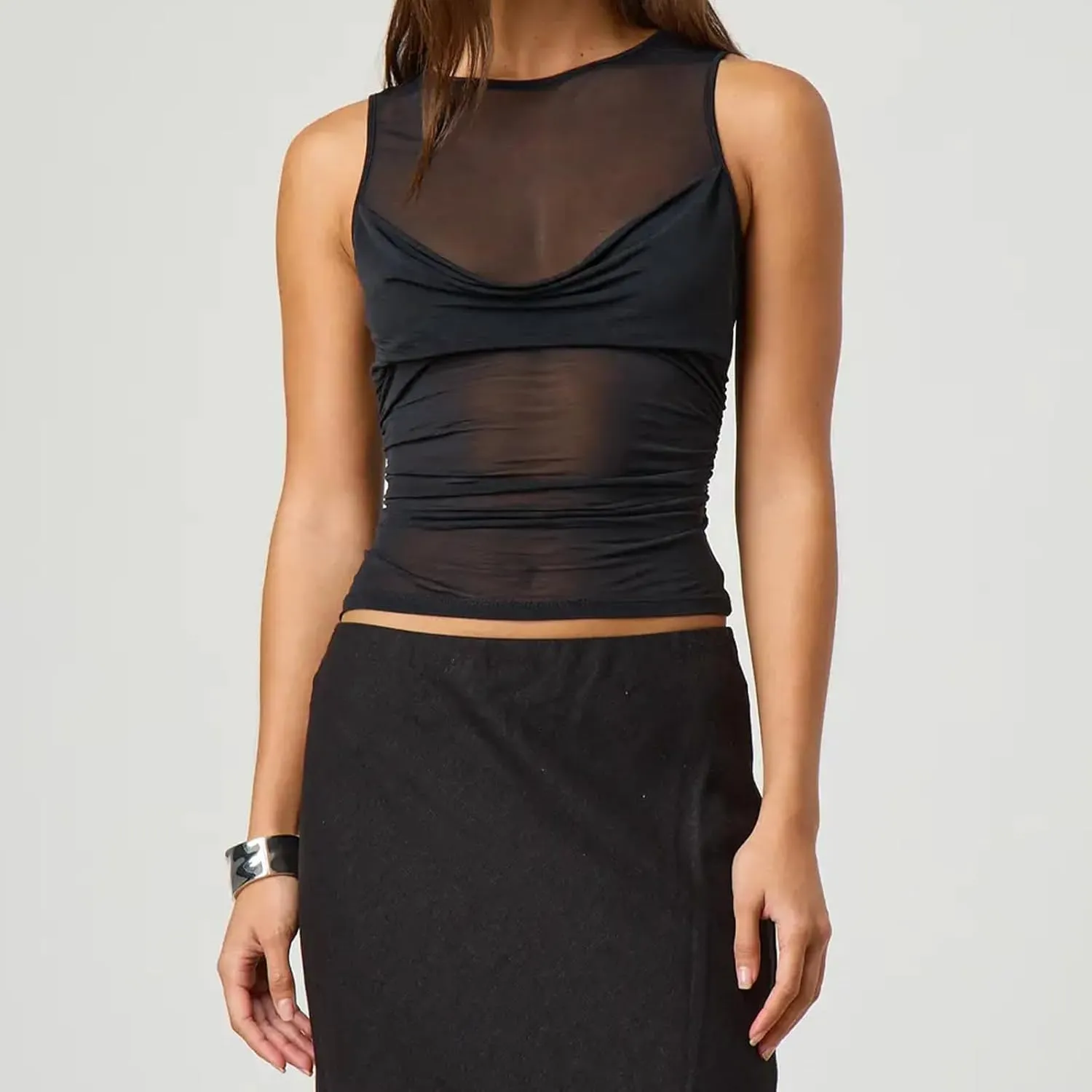 Women Sheer Mesh Tank Top Y2k Sleeveless See Through Ruched Tops