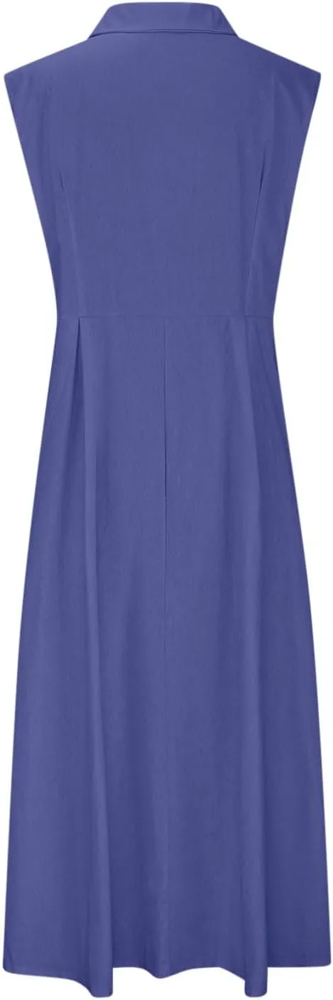Women Summer Cotton Linen Sleeveless Button Down Maxi Shirt Dress Casual Lapel V Neck A-Line Pleated Long Beach Dresses