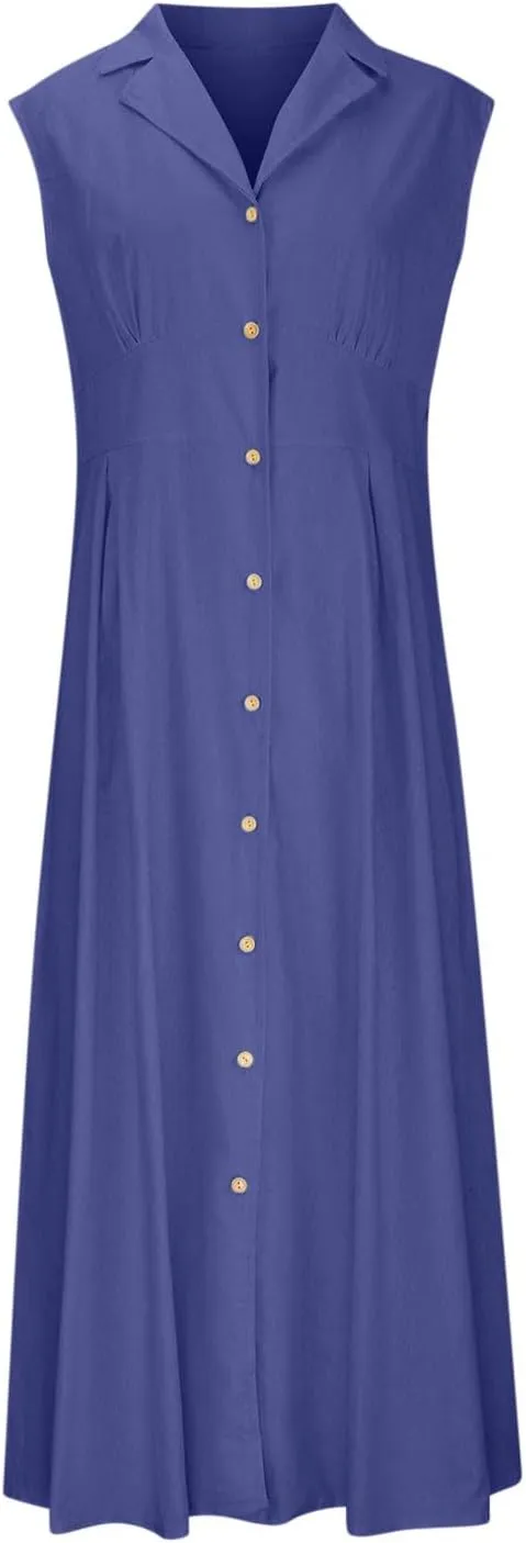 Women Summer Cotton Linen Sleeveless Button Down Maxi Shirt Dress Casual Lapel V Neck A-Line Pleated Long Beach Dresses