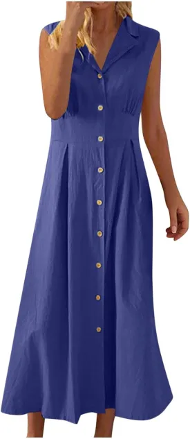 Women Summer Cotton Linen Sleeveless Button Down Maxi Shirt Dress Casual Lapel V Neck A-Line Pleated Long Beach Dresses