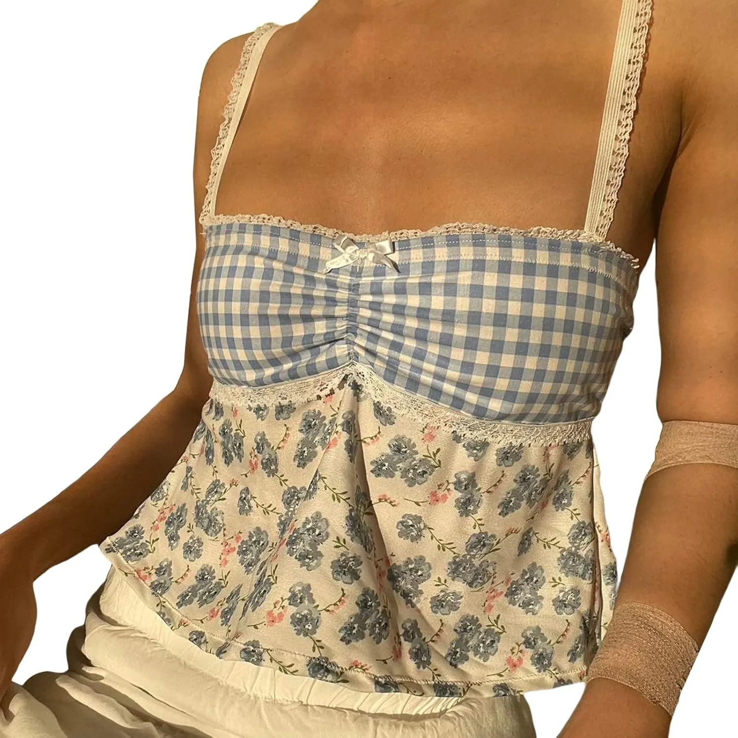 Women Y2k Backless Tank Top Vintage Lace Trim Floral Patchwork Cami Crop Top Summer Party Club Vest 00s Retro Shirt
