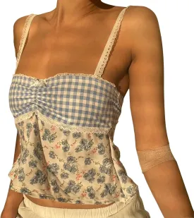 Women Y2k Backless Tank Top Vintage Lace Trim Floral Patchwork Cami Crop Top Summer Party Club Vest 00s Retro Shirt