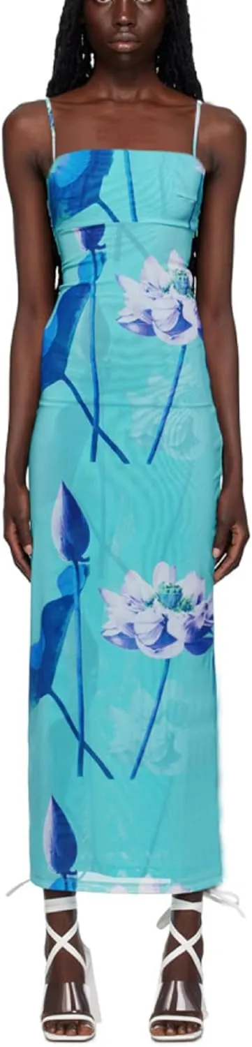Women Y2k Floral Bodycon Maxi Dress Flower Print Spaghetti Strap Slip Dress Backless Sleeveless Slim Long Dress