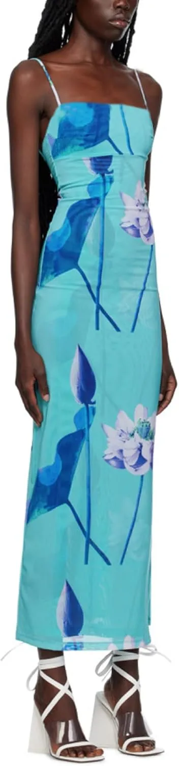 Women Y2k Floral Bodycon Maxi Dress Flower Print Spaghetti Strap Slip Dress Backless Sleeveless Slim Long Dress