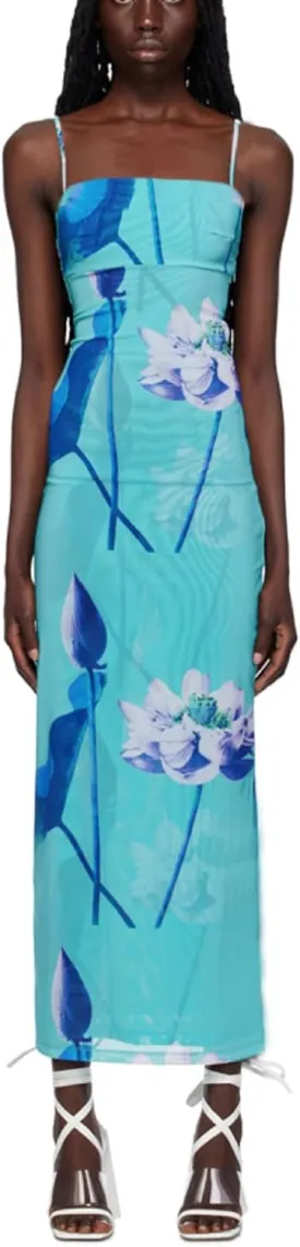 Women Y2k Floral Bodycon Maxi Dress Flower Print Spaghetti Strap Slip Dress Backless Sleeveless Slim Long Dress