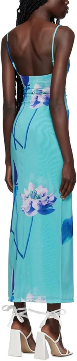 Women Y2k Floral Bodycon Maxi Dress Flower Print Spaghetti Strap Slip Dress Backless Sleeveless Slim Long Dress