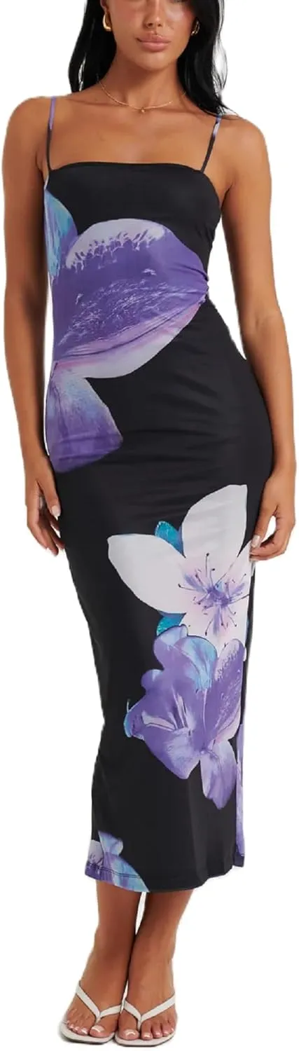 Women Y2k Floral Bodycon Maxi Dress Flower Print Spaghetti Strap Slip Dress Backless Sleeveless Slim Long Dress