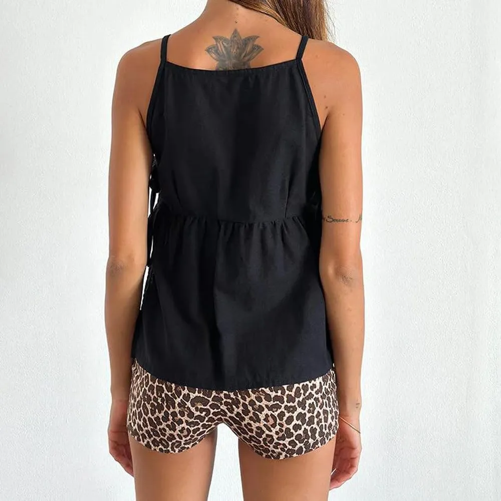 Women Y2K Gingham Tank Top Coquette Spaghetti Strap Side Tie-up Peplum Camisole Summer Going Out Top Streetwear