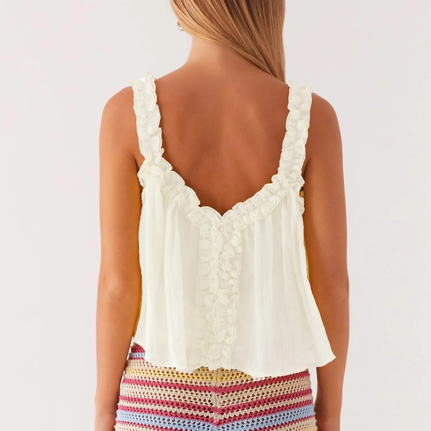 Women Y2k Ruffle Cami Top Sleeveless Spaghetti Strap Scoop Neck Lace Trim Camisole Low Cut Semi Sheer Tank Top