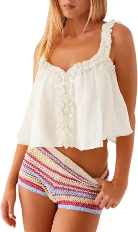 Women Y2k Ruffle Cami Top Sleeveless Spaghetti Strap Scoop Neck Lace Trim Camisole Low Cut Semi Sheer Tank Top