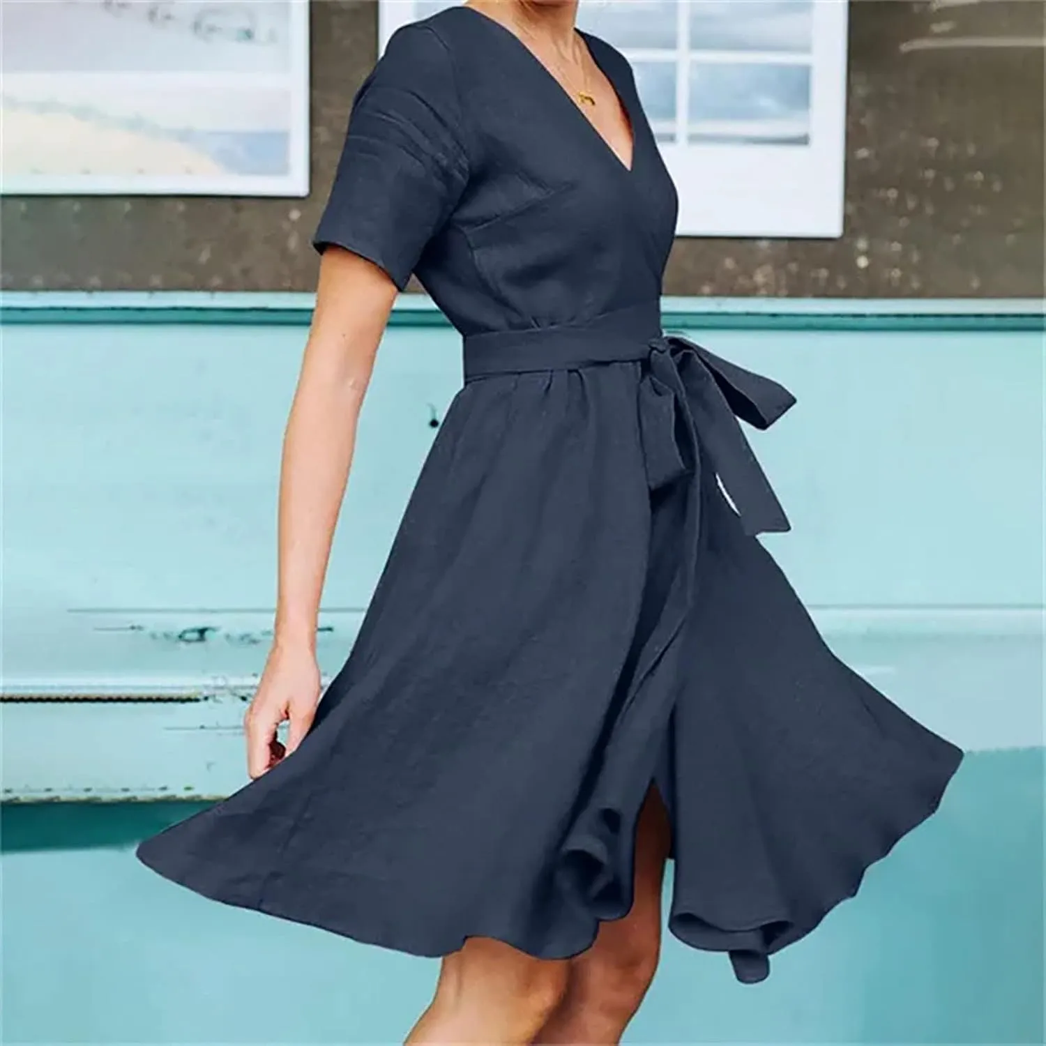 Women's 2025 Summer Dress Cotton Linen A-Line Dress Flowy V Neck Tie Waist High Waist Tshirt Dress Mini Wrap Sundress