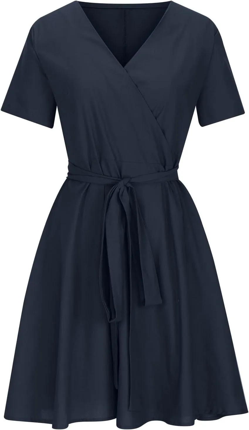 Women's 2025 Summer Dress Cotton Linen A-Line Dress Flowy V Neck Tie Waist High Waist Tshirt Dress Mini Wrap Sundress
