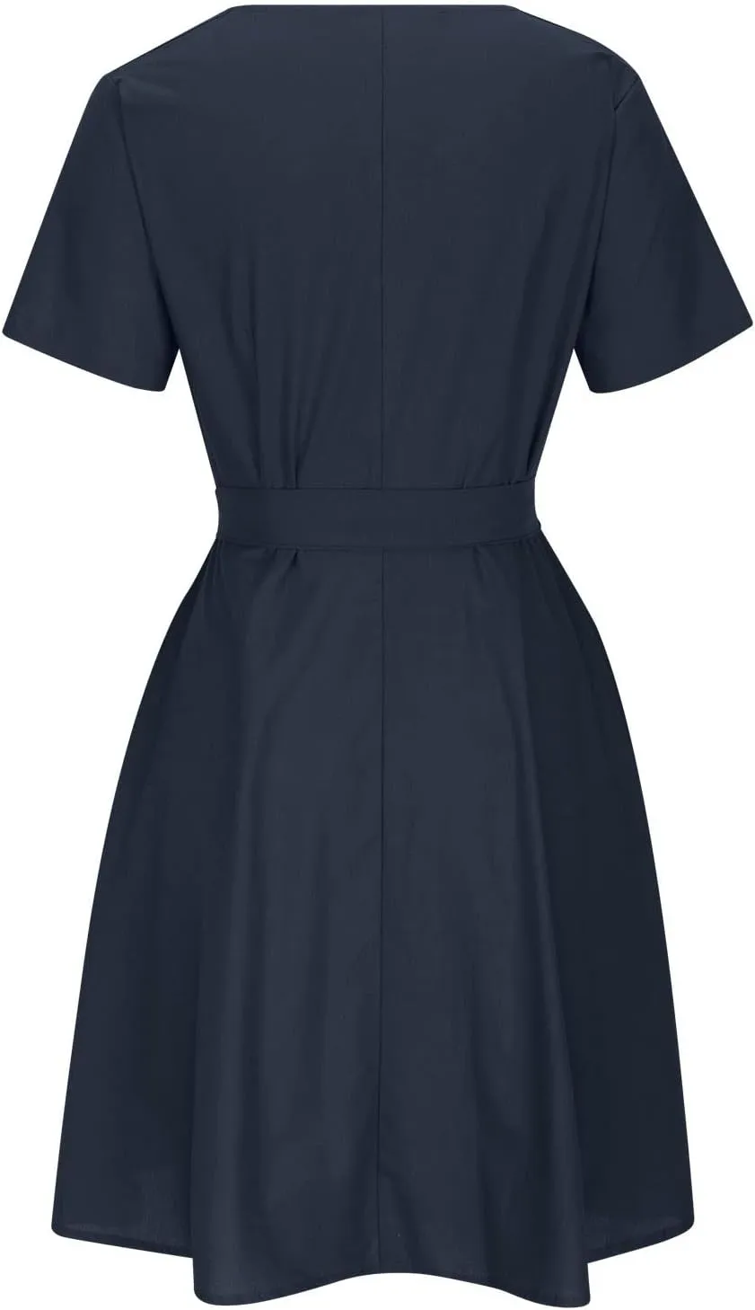 Women's 2025 Summer Dress Cotton Linen A-Line Dress Flowy V Neck Tie Waist High Waist Tshirt Dress Mini Wrap Sundress