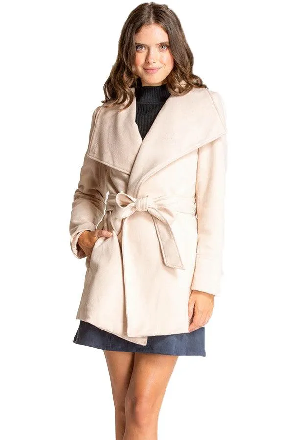 Women's Beige Wide Collar Wrap Coat with Belt