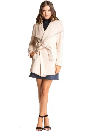 Women's Beige Wide Collar Wrap Coat with Belt