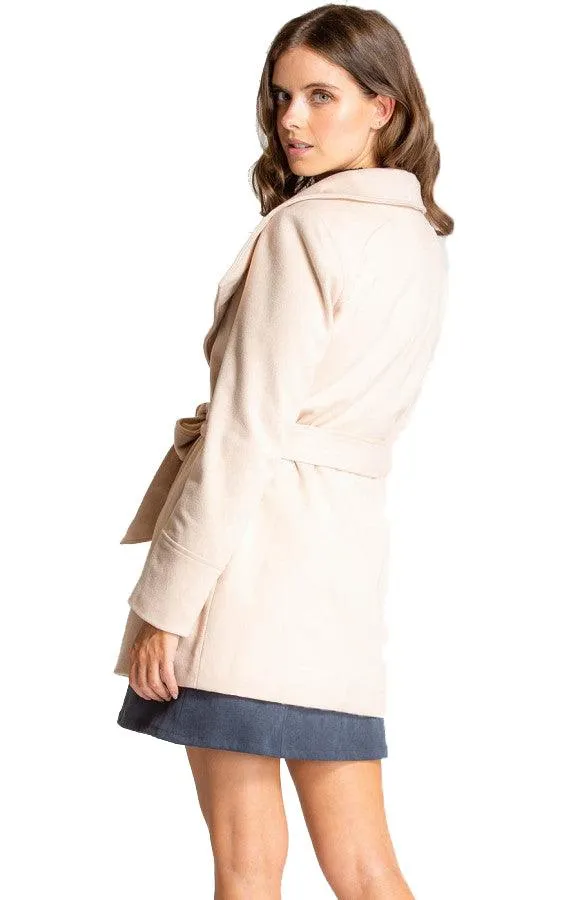 Women's Beige Wide Collar Wrap Coat with Belt