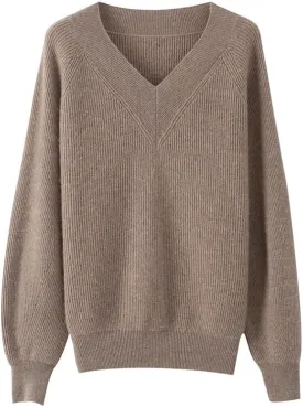 Women's Cashmere and Merino Wool Blend V Neck Sweater Lightweight Knit Sweater