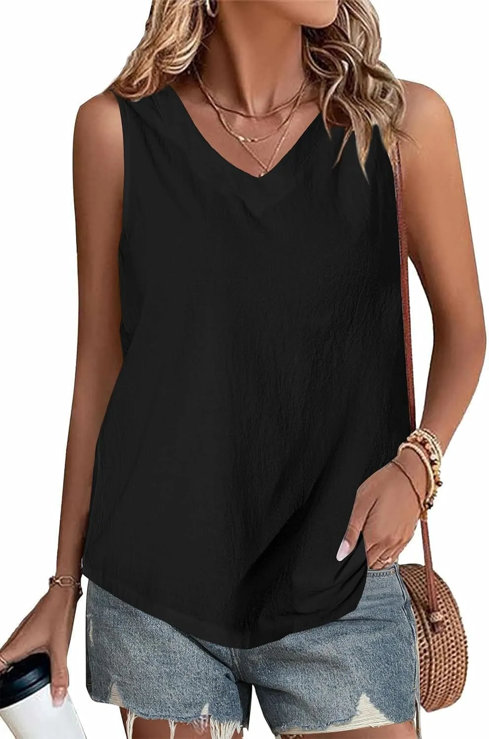 Women's Cotton Linen Tank Tops V Neck Casual Cami Sleeveless Camisole Blouses Summer Basic Tank ShirtS-2XL