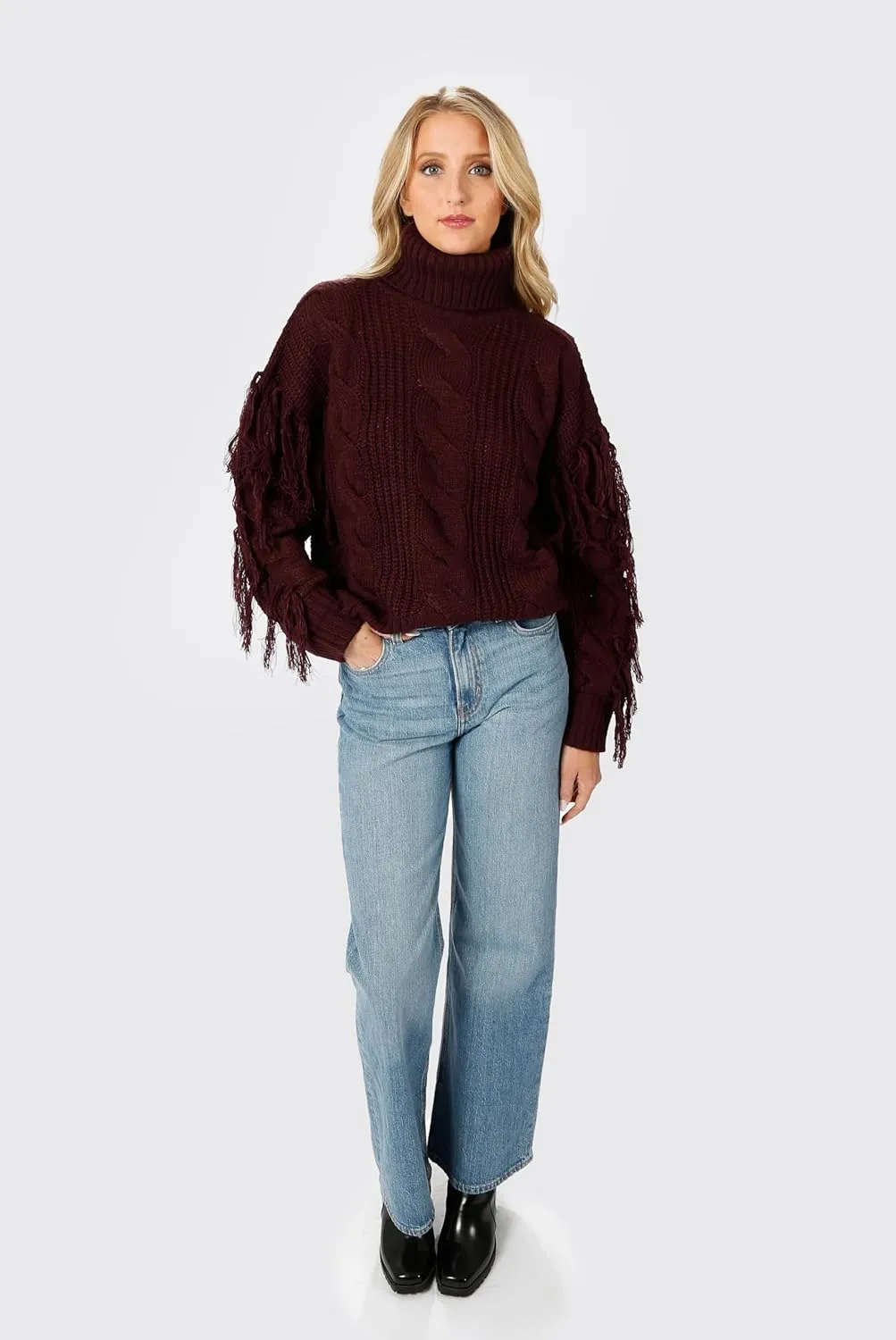 Womens Cream Long Sleeve Cable Knit Fringe Turtleneck Sweater: Return to Sender Cable Knit Sweater