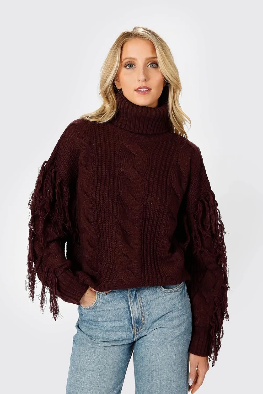 Womens Cream Long Sleeve Cable Knit Fringe Turtleneck Sweater: Return to Sender Cable Knit Sweater