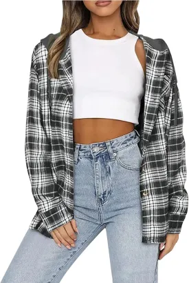 Womens Flannel Hooded Shacket Jacket Fashion Teen Girl Plaid Button Down Outerwear Shirts Preppy Fall Thin Hoodie Coat