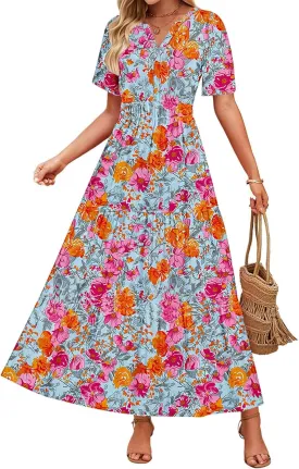 Womens Floral Maxi Dresses V Neck Short Sleeve High Waist A Line Boho Dress 2025 Summer Beach Boho Vacation Dresses