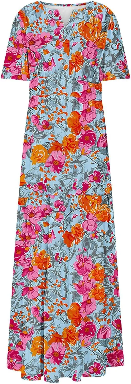 Womens Floral Maxi Dresses V Neck Short Sleeve High Waist A Line Boho Dress 2025 Summer Beach Boho Vacation Dresses