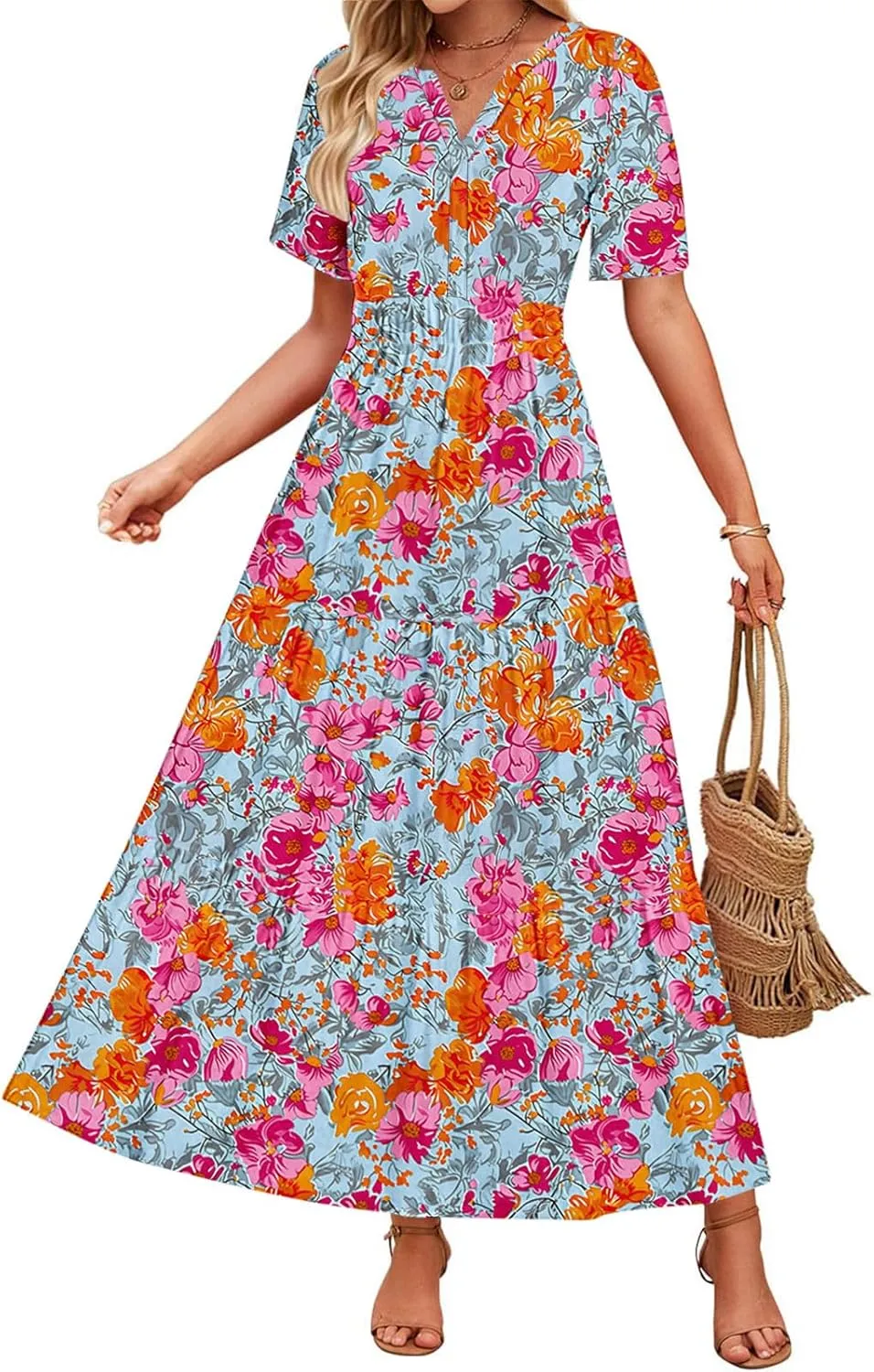 Womens Floral Maxi Dresses V Neck Short Sleeve High Waist A Line Boho Dress 2025 Summer Beach Boho Vacation Dresses