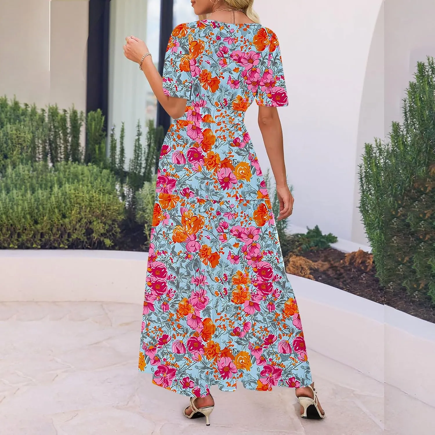 Womens Floral Maxi Dresses V Neck Short Sleeve High Waist A Line Boho Dress 2025 Summer Beach Boho Vacation Dresses