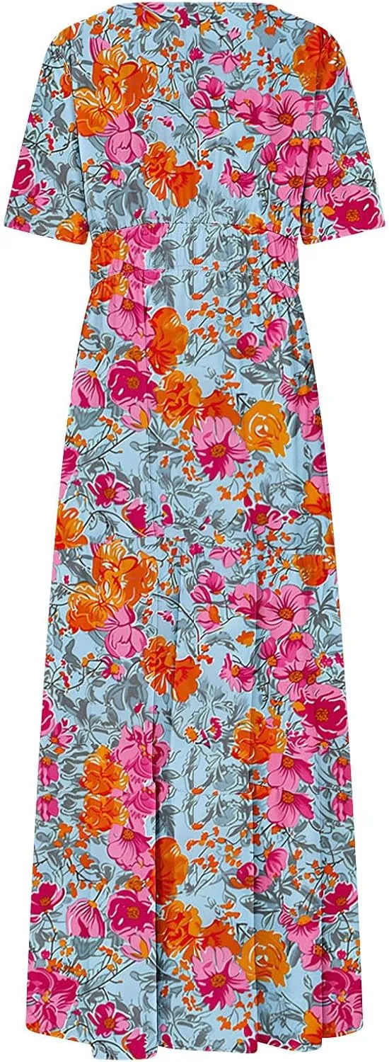 Womens Floral Maxi Dresses V Neck Short Sleeve High Waist A Line Boho Dress 2025 Summer Beach Boho Vacation Dresses