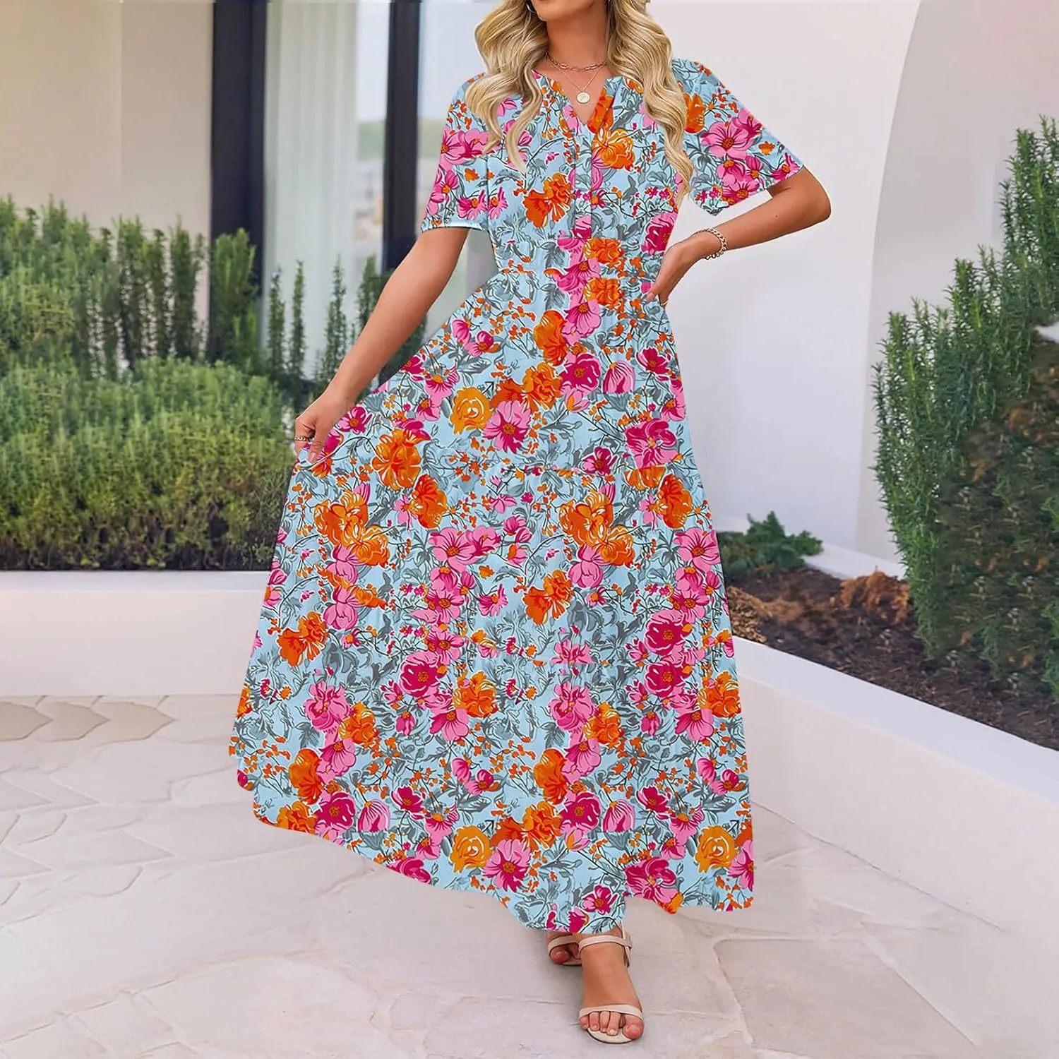 Womens Floral Maxi Dresses V Neck Short Sleeve High Waist A Line Boho Dress 2025 Summer Beach Boho Vacation Dresses