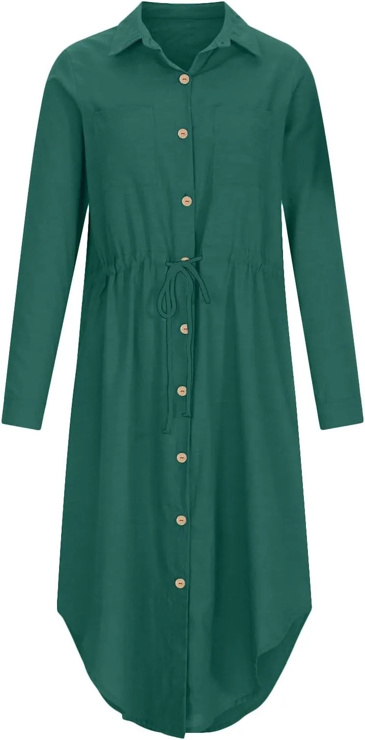Women's Maxi Shirt Dress 2024 Spring Summer Long Sleeve Dresses Lapel V Neck A Line Flowy Elegant Party Long Dresses