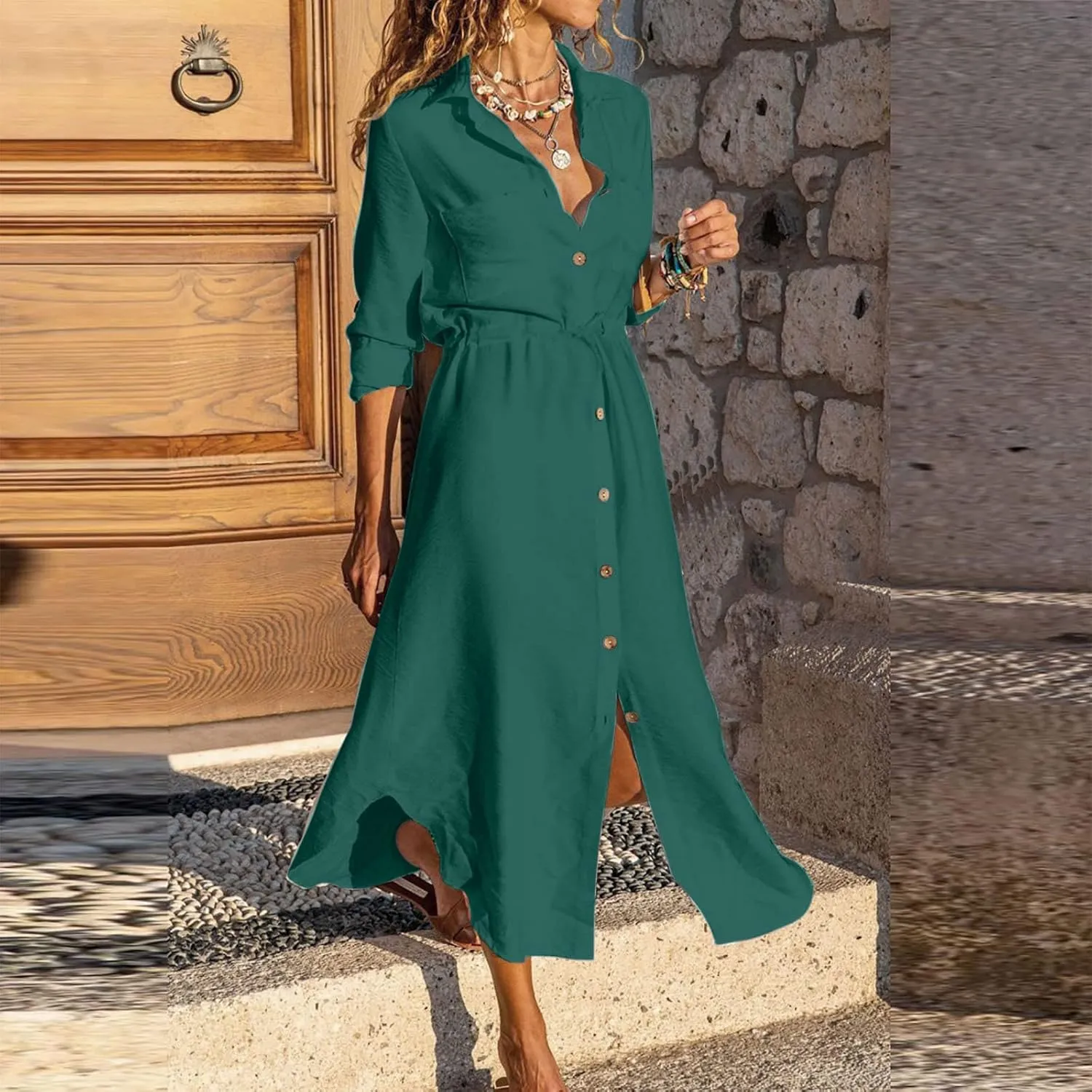 Women's Maxi Shirt Dress 2024 Spring Summer Long Sleeve Dresses Lapel V Neck A Line Flowy Elegant Party Long Dresses