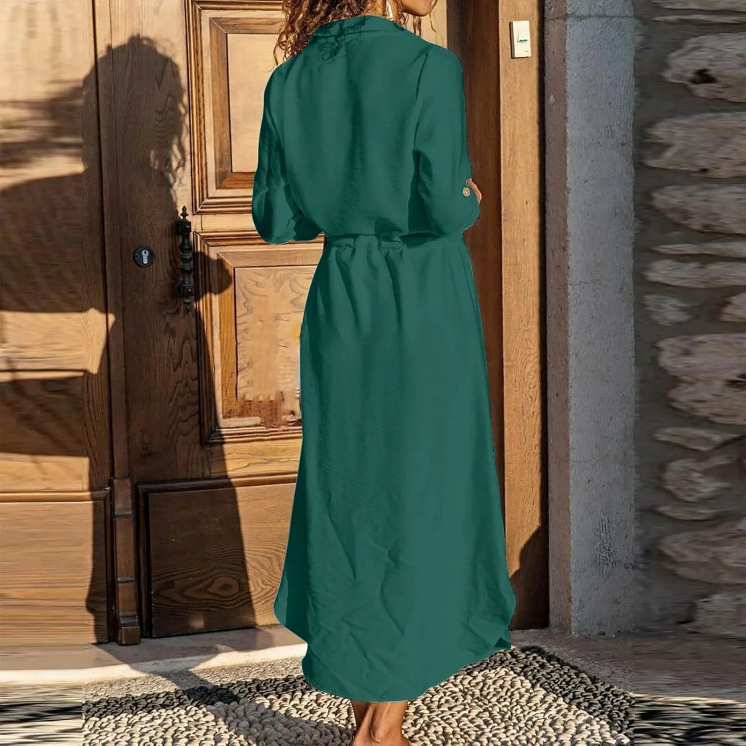 Women's Maxi Shirt Dress 2024 Spring Summer Long Sleeve Dresses Lapel V Neck A Line Flowy Elegant Party Long Dresses