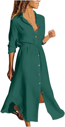 Women's Maxi Shirt Dress 2024 Spring Summer Long Sleeve Dresses Lapel V Neck A Line Flowy Elegant Party Long Dresses
