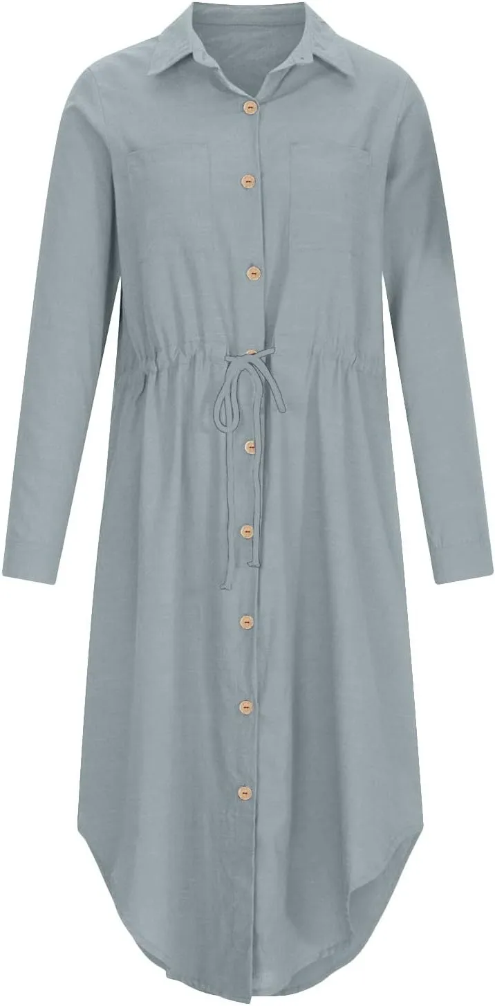 Women's Maxi Shirt Dress 2024 Spring Summer Long Sleeve Dresses Lapel V Neck A Line Flowy Elegant Party Long Dresses