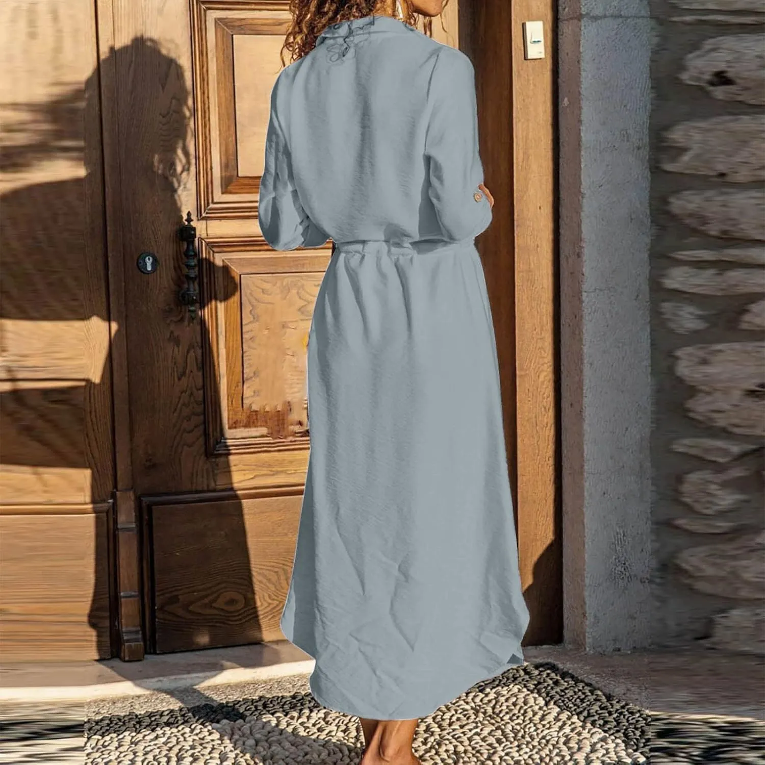 Women's Maxi Shirt Dress 2024 Spring Summer Long Sleeve Dresses Lapel V Neck A Line Flowy Elegant Party Long Dresses
