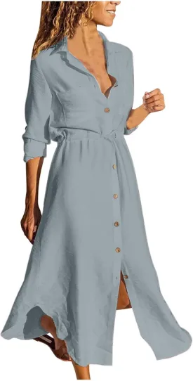Women's Maxi Shirt Dress 2024 Spring Summer Long Sleeve Dresses Lapel V Neck A Line Flowy Elegant Party Long Dresses