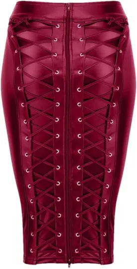 Women's Party Sexy Faux Leather Skirt Lace Up Zipper Bodycon Pencil Skirt High Waist Midi Package Hip Skirt