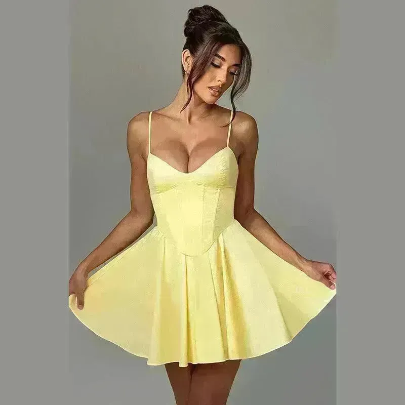 Women's Sling A- Line Sleeveless Charming Mini Dress Clinched Waist Slim-fit flared dress