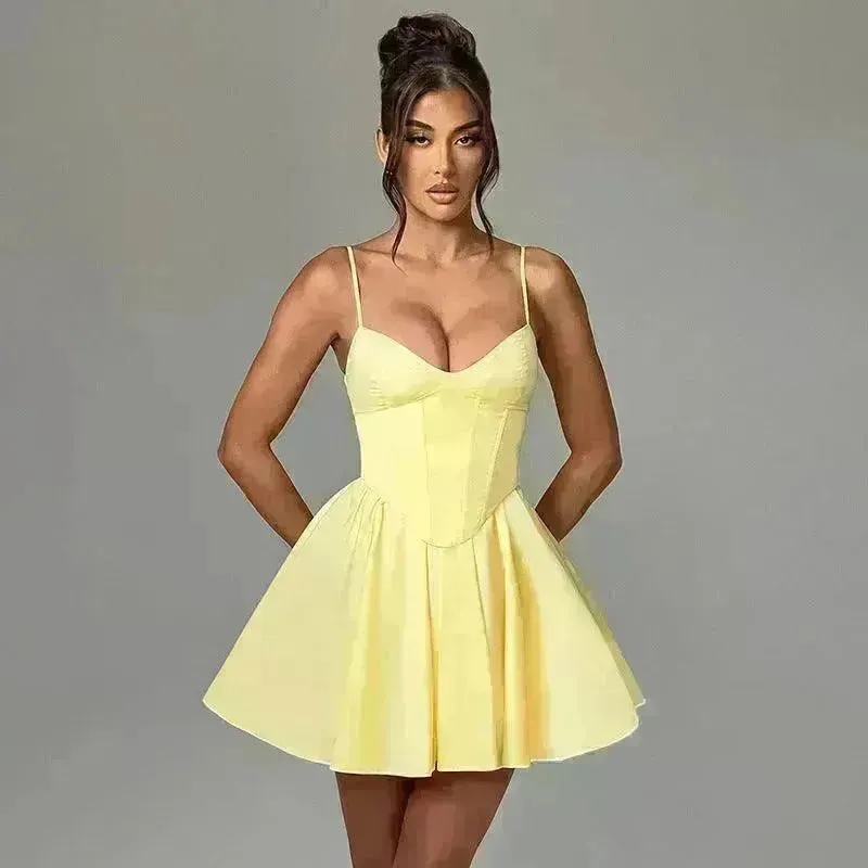 Women's Sling A- Line Sleeveless Charming Mini Dress Clinched Waist Slim-fit flared dress