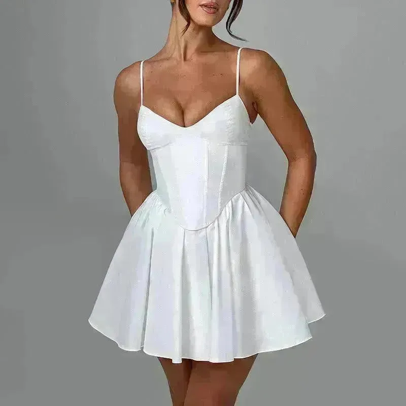 Women's Sling A- Line Sleeveless Charming Mini Dress Clinched Waist Slim-fit flared dress