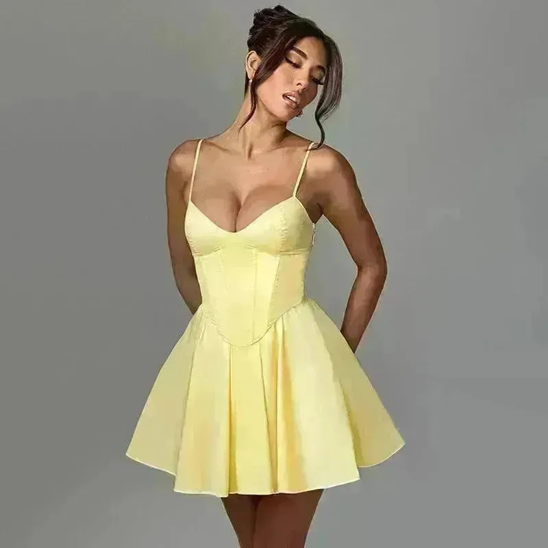Women's Sling A- Line Sleeveless Charming Mini Dress Clinched Waist Slim-fit flared dress
