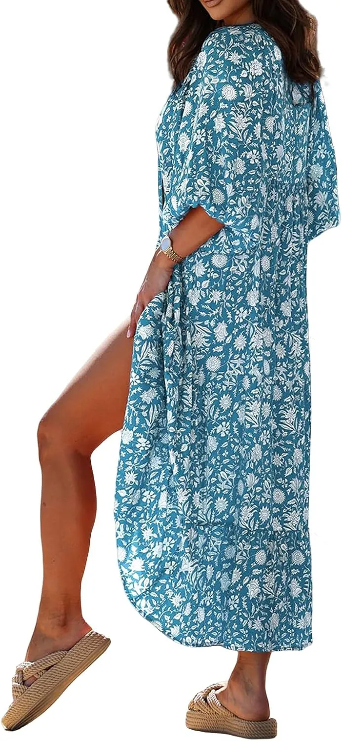 Womens Summer Dresses Boho Floral Drawstring V Neck Chiffon Lantern Sleeve Maxi Long Dresses Beach Sundress
