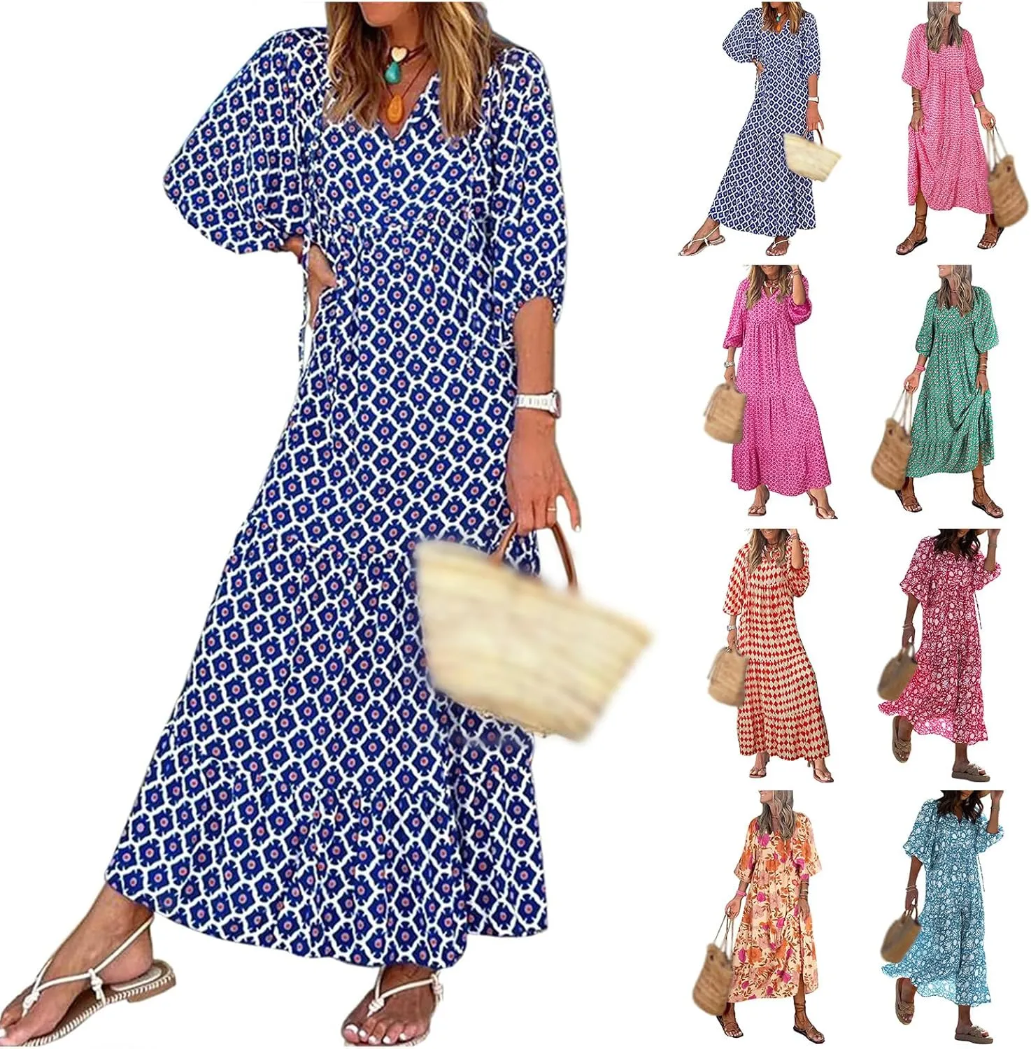 Womens Summer Dresses Boho Floral Drawstring V Neck Chiffon Lantern Sleeve Maxi Long Dresses Beach Sundress