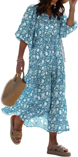 Womens Summer Dresses Boho Floral Drawstring V Neck Chiffon Lantern Sleeve Maxi Long Dresses Beach Sundress