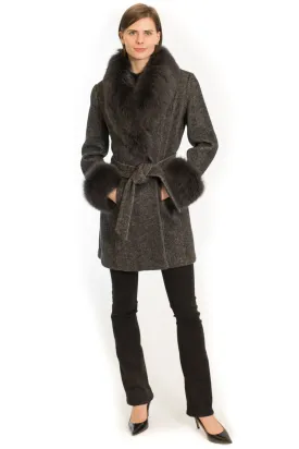 Wool Wrap Coat with Oversized Fox Collar and Cuffs